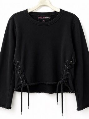 Betsey Johnson Performance Cropped Sweatshirt XS Black Lace Up Sides Edgy